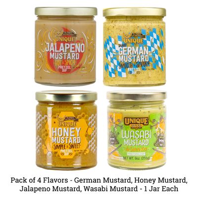 Unique Snacks Mustard Variety Pack, Includes German, Honey, Jalapeno, and Wasabi Mustard Dips and Spreads, Non-GMO, 4 Flavors, 1 Jar Each