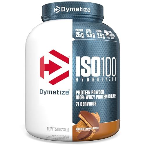 Dymatize ISO100 Whey Protein Powder Isolate, Chocolate Peanut Butter, 25g of Protein, 5 Pound, 5.5g BCAAs, Less Than 120 Cal., Gluten Free, 1g Fat, 1g Sugar, 2g Carb