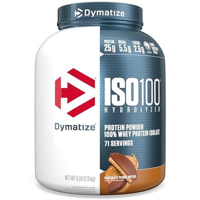 Dymatize ISO100 Whey Protein Powder Isolate, Chocolate Peanut Butter, 25g of Protein, 5 Pound, 5.5g BCAAs, Less Than 120 Cal., Gluten Free, 1g Fat, 1g Sugar, 2g Carb