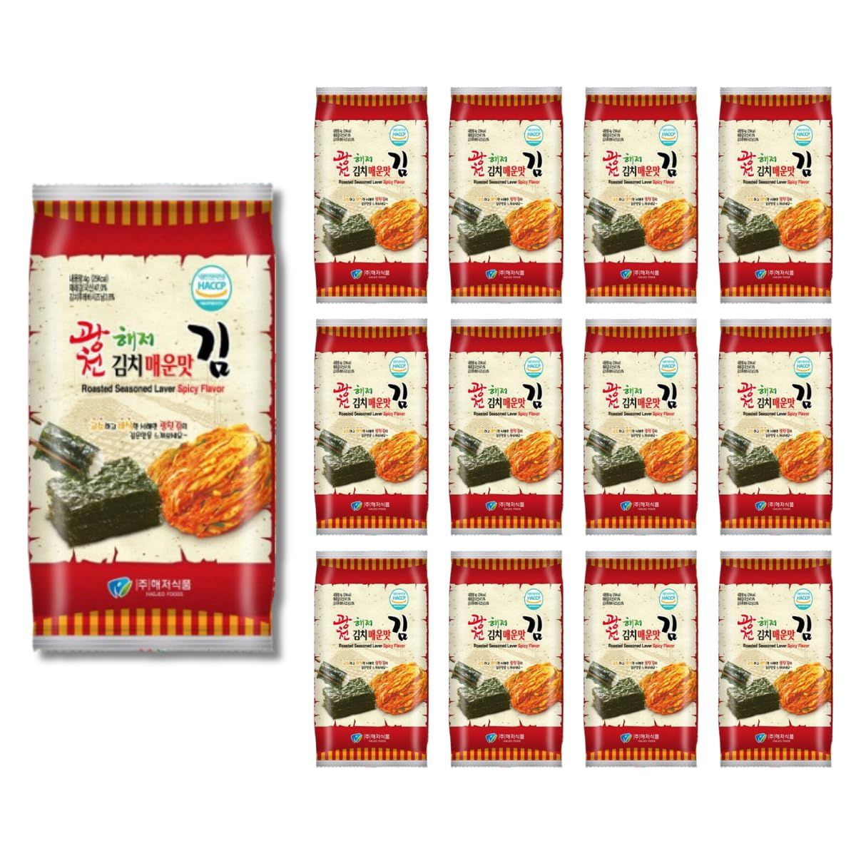 Korean Crispy Seasoned Seaweed Snacks Kimchi Spicy Sheets -12 Individual Packs 100% Natural Laver 12 Pack Roasted Nori Snack Healthy Premium Gim by Unha&#39;s Asian Snack Box