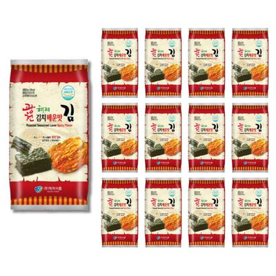 Korean Crispy Seasoned Seaweed Snacks Kimchi Spicy Sheets -12 Individual Packs 100% Natural Laver 12 Pack Roasted Nori Snack Healthy Premium Gim by Unha&#39;s Asian Snack Box