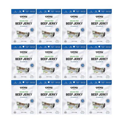 Think Jerky Classic Beef Jerky, Grass-Fed High Protein Beef, Gluten Free, No Antibiotics or Nitrates, Healthy Chef Crafted Recipe, Low Calorie and Low Fat - 1.0 oz Bags, 12 Pack