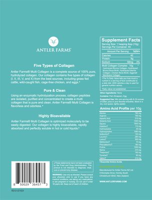 Antler Farms - Multi Collagen Protein Powder - 5 Types (I, II, III, V, and X) 100% Pure Hydrolyzed Collagen Peptides for Men and Women - Bioavailable, Rapid Absorption - Unflavored - 1 lb