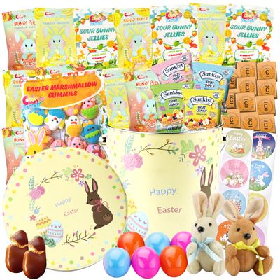 Easter Snack Yellow Tin (60 Count) Filled with Treats, Peelable Gummies, Marshmallow Gummies, Plush Easter Bunny, Great Package for Family, Friends, Kids, Boys and Girls