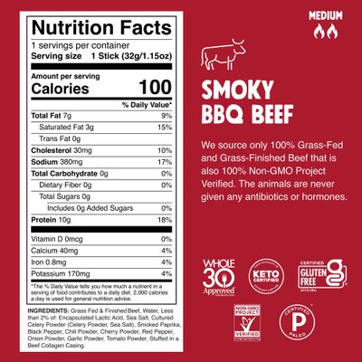 Chomps Grass-Fed and Finished Smoky BBQ Beef Jerky Snack Sticks 10-Pack - Keto, Paleo, Whole30, 10g Lean Meat Protein, Gluten-Free, Zero Sugar Food, Non-GMO