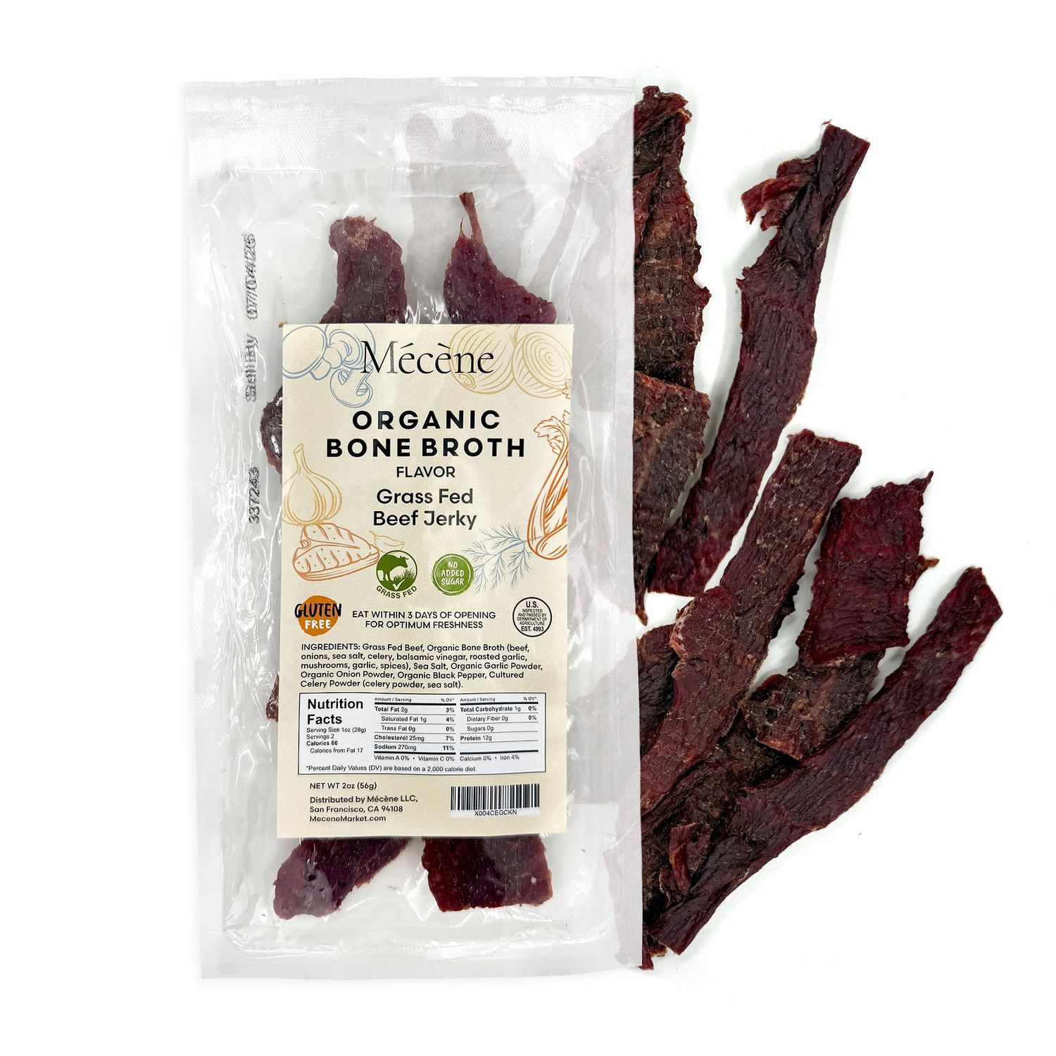 Organic Bone Broth - Grass Fed and Sugar FREE Beef Jerky  Low Calorie Snack, Keto Snack, High Protein Snacks- Quick Meals, Beef Strips - 2 oz (Pack of 2)