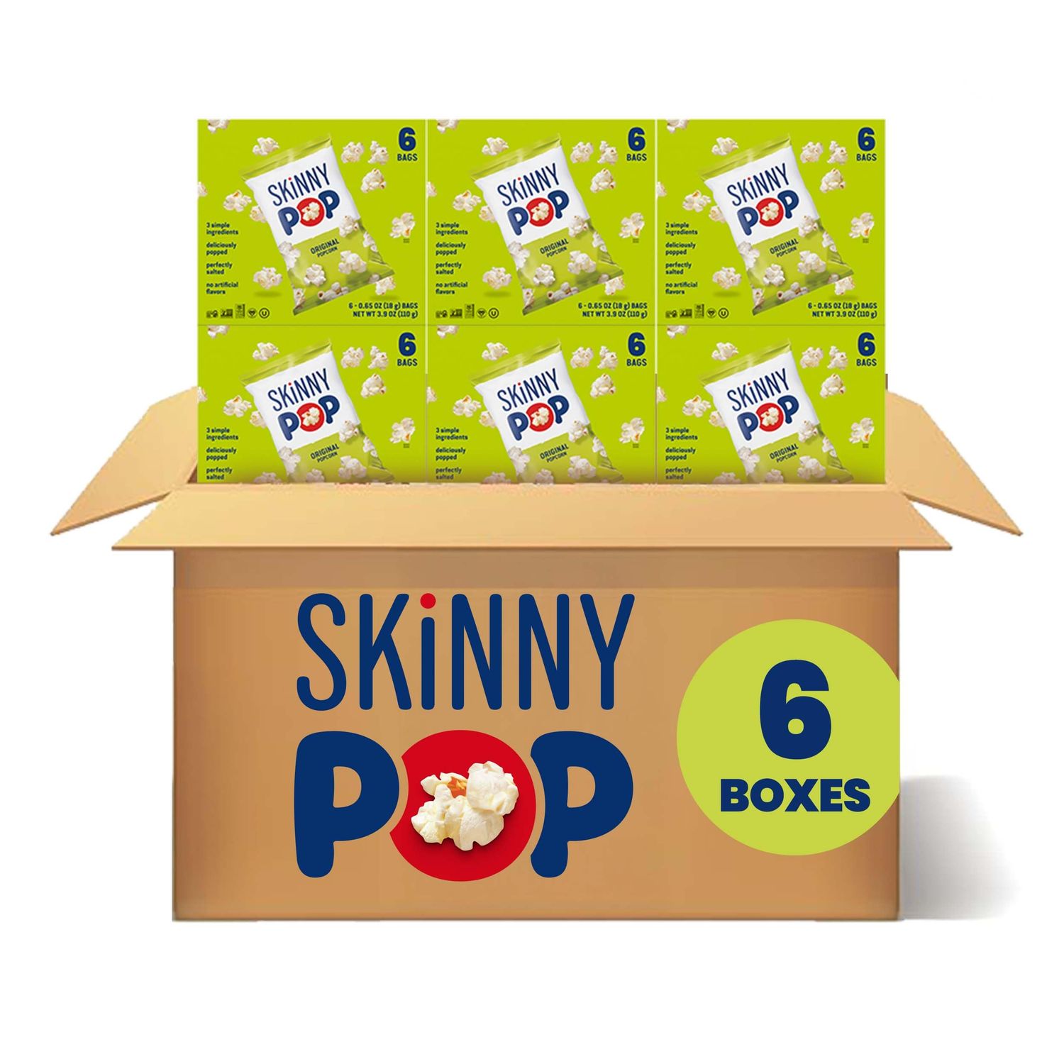 SkinnyPop Popcorn, Original, Gluten Free, Non-GMO, 0.65oz Individual Size Snack Bags, 6 Boxes (6 Bags per Pack)