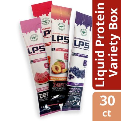 Nutritional Designs LPS Liquid Collagen &amp; Whey Protein Supplement - Non-GMO Drink, Sugar-Free - Promotes Healthy Skin &amp; Hair for Men &amp; Women, Single Serve (Variety Box, 30)