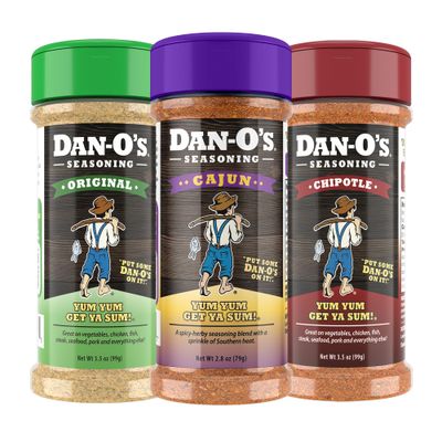 Dan-O&#39;s Seasoning - Seasoning for Cooking &amp; Grilling Anything - meat, vegetables, snacks, popcorn seasoning - Small bottle 3 Pack  Original, Chipotle &amp; Cajun
