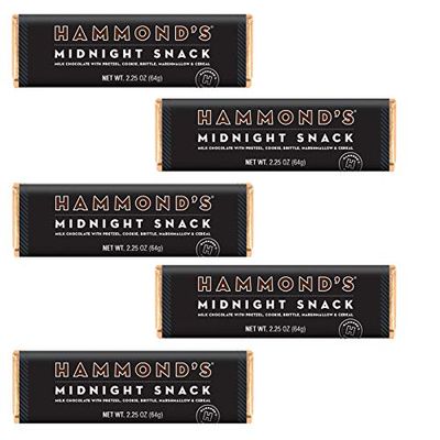 Hammond&#39;s Candies Gourmet Chocolate Candy Bars - Midnight Snack  Sweet Milk Chocolate, Pretzel, Cookie, Brittle, Marshmallow &amp; Cereal, Certified Kosher, Handcrafted in the USA  Pack of 5