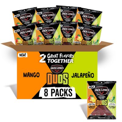 Jack Link&#39;s DUOs Jalapeo and Mango Beef Jerky, Shareable Under 100 Calories Snack Packs with 9g of Protein, Bulk Pack of Individual Bags of Meat Snacks - 3.25oz (8 Count)