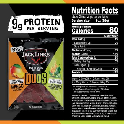 Jack Link's DUOs Jalapeo and Mango Beef Jerky, Shareable Under 100 Calories Snack Packs with 9g of Protein, Bulk Pack of Individual Bags of Meat Snacks - 3.25oz (8 Count)
