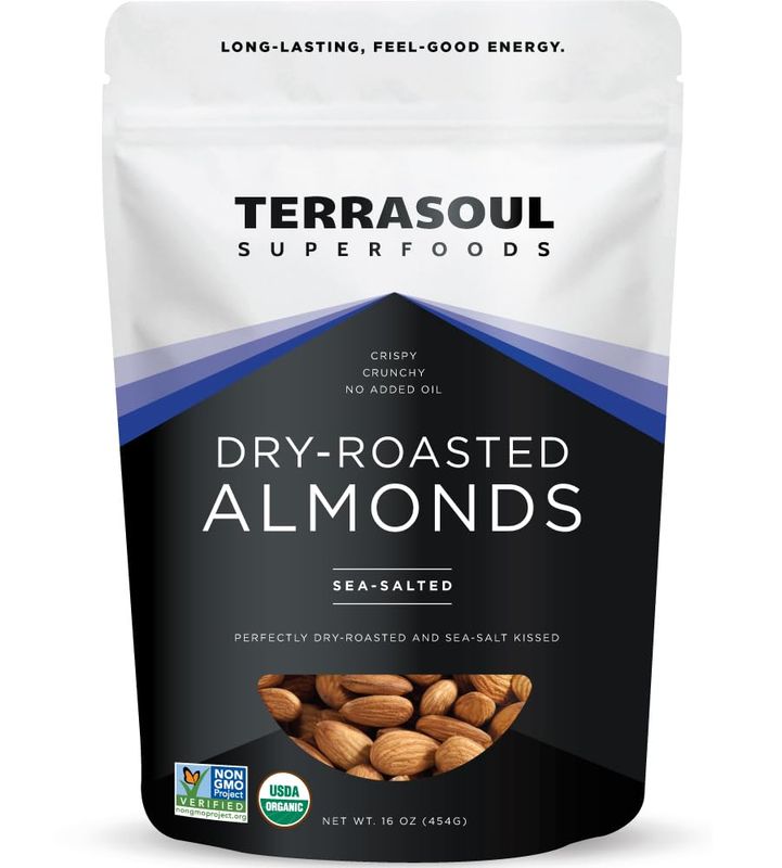 Terrasoul Superfoods Organic Dry-Roasted &amp; Lightly Salted Almonds, 16oz Resealable Pouch - Perfect for Snacking, Baking, and On-the-Go Fuel