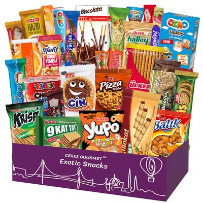 International Exotic Snack Variety Box 31 Pcs, Turkish Sour Sweet Snack and Candy Assortment Pack, Party Size Foreigh Snack Box