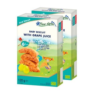 Fleur Alpine Baby Biscuits With Grape Juice - 12x2 Yummy Organic Baby Snacks for Delicious Smooth Breakfast Porridge Or Daytime Snack  Easy Whole Grain Snack Biscuits with No Added Sugar  6 Mths