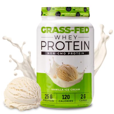 Nutrology Grass Fed Whey Protein Powder, Vanilla Ice Cream Flavor, Supports Lean Muscle Recovery &amp; Performance, Cold Processed Grass Fed Whey and Amino Acid Powder, Shake, Blend or Bake, 28 Servings