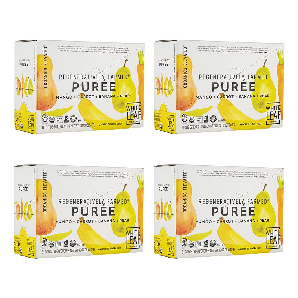 White Leaf Provisions Organic Baby Food Pouches - USDA, GMO &amp; BPA Free Squeezable Toddler Snacks - 24 x 90 grams (24 Pouches, Mango  Carrot  Banana  Pear)