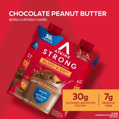 Atkins Strong High Protein Shake, Chocolate Peanut Butter, 30g Protein, 7g Prebiotic Fiber, Muscle &amp; Gut Health Support Complex, 12 Count