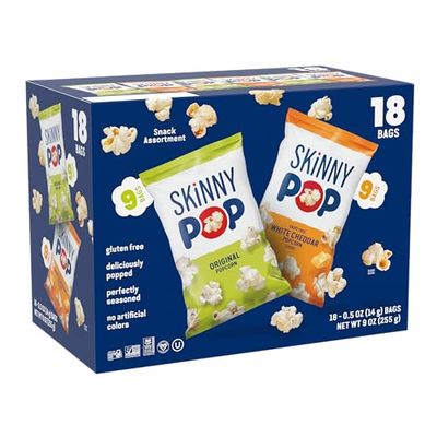 SkinnyPop Popcorn, Original and Dairy Free White Cheddar, Gluten-Free, Non-GMO, 0.5oz Individual Size Snack Bags (18 Count)