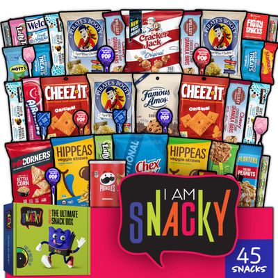 I AM Snacky - Easter Snack Box Care Package  Greeting Card - SNACKY&#39;S FESTIVE FAVES (45 Count) Birthday Sweet Treats Gift Basket, Candies Chips - Food Assortments &amp; Variety