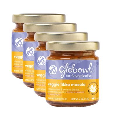Globowl Stage 3 Baby Food &amp; Toddler Meals, 6 Months Early Allergen Introduction, Baby Led Weaning, International Whole Food Snacks for Toddlers, Babies, 4 oz Glass Jar, Veggie Tikka Masala, 4-Pack