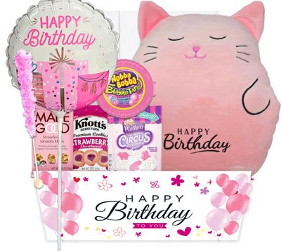 The Ultimate Birthday Gift Basket for Girls  variety pack with a Happy Birthday Pink Squishy, Balloon Care Package w/snacks &amp; Candy, girl, teenage, Granddaughter