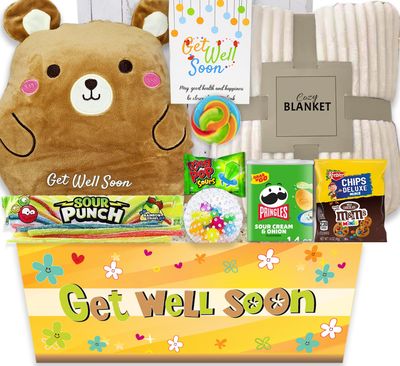 KIDS GET WELL SOON care package gift, Squooshy pillow, Cozy Blanket, Candy Snacks gift basket &amp; Greeting card, gift for kids children boy/girl, Feel better soon, home or hospital recovery