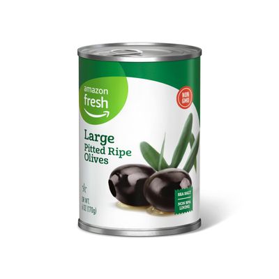 Amazon Fresh, Large Pitted Ripe Olives, 6 Oz (Previously Happy Belly, Packaging May Vary)