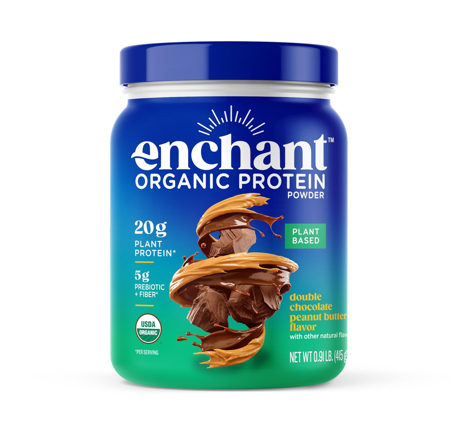 Enchant Organic Protein Powder, Double Chocolate Peanut Butter flavor - Great Taste, 20g Plant Protein, 5g Prebiotic fiber, USDA Organic, Non-GMO, Plant-based, Non-Dairy, Vegan, 0.91 lb