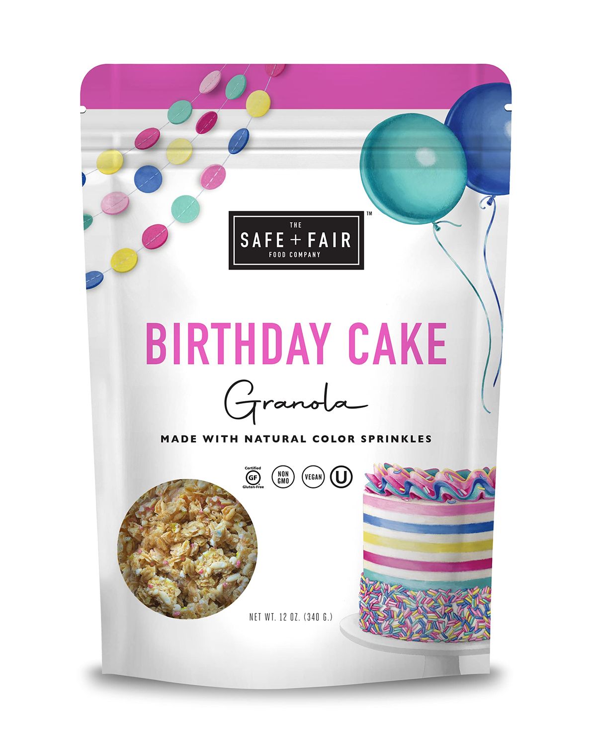 Safe  Fair Birthday Cake Granola - Gluten-Free, Vegan &amp; Plant-Based Snack with Natural Sprinkles - 0g Trans Fat, Non-GMO, Kosher, Allergen-Free, Whole Grain - 12oz