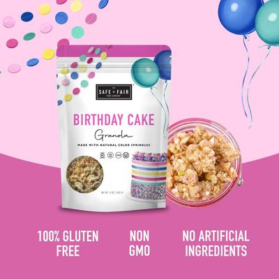 Safe Fair Birthday Cake Granola - Gluten-Free, Vegan & Plant-Based Snack with Natural Sprinkles - 0g Trans Fat, Non-GMO, Kosher, Allergen-Free, Whole Grain - 12oz