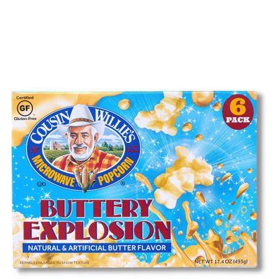 Cousin Willie&#39;s Microwave Popcorn Bags, Buttery Explosion (6 Bags), Gourmet Popcorn Boxes for Party, Whole Grain Popcorn, Gluten Free, Low Calorie Healthy Snack, Made in USA, non-GMO