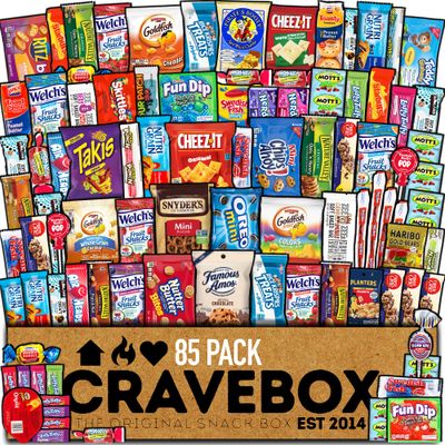 CRAVEBOX Snacks Box Variety Pack Care Package (85 Count) Easter Gift Boxes Pack Adults Kids Guys Girls Women Men Boyfriend Candy Birthday Cookies Chips College Student Sampler Office School