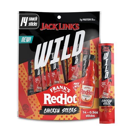 Jack Link&#39;s Wild Mini Chicken Sticks Made with Frank&#39;s RedHot Flavor - 7g of Protein Snacks, On The Go Snacking, Keto &amp; Paleo Snack, Carnivore Diet Ready, Individually Wrapped - 0.5 Oz. (14 Count)