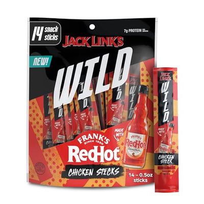Jack Link&#39;s Wild Mini Chicken Sticks Made with Frank&#39;s RedHot Flavor - 7g of Protein Snacks, On The Go Snacking, Keto &amp; Paleo Snack, Carnivore Diet Ready, Individually Wrapped - 0.5 Oz. (14 Count)