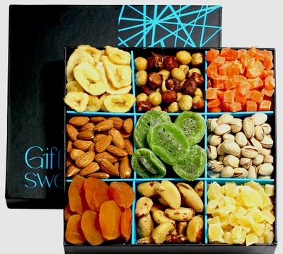 Dried Fruit and Nut Gift Basket - 9 Assortment of Sweet Tropical Dried Fruit and Nuts - Assorted Food Gift Box for Birthday Gift, Get Well, Sympathy, Men &amp; Women.