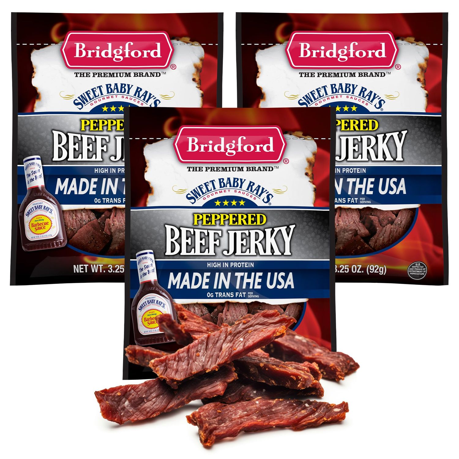 Bridgford Sweet Baby Rays Beef Jerky Peppered 3.25 oz Pack of 3 - Healthy Peppered Beef Jerky for Your Dietary Preferences - Ready-to-Eat Snacks for On-the-Go Snacking and Busy Lifestyles