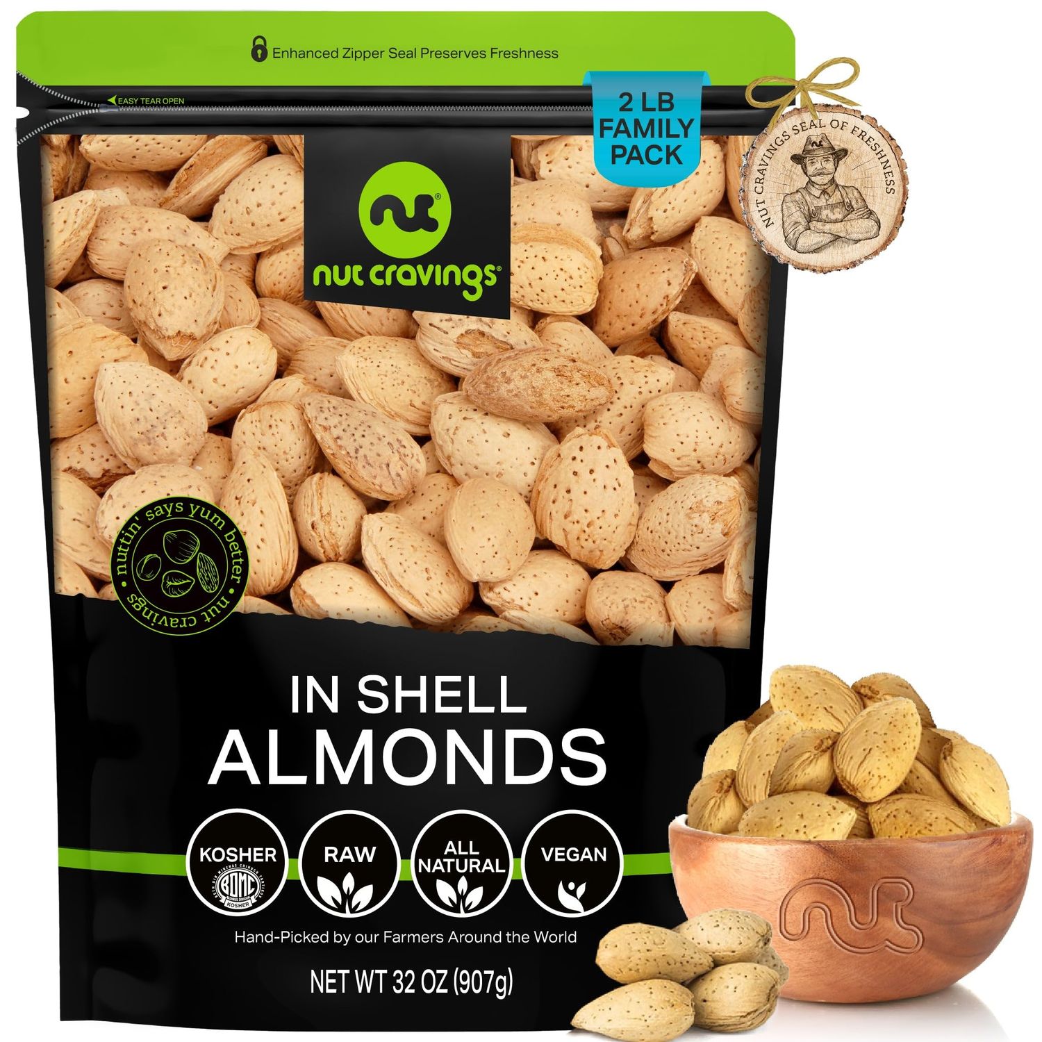 NUT CRAVINGS - In Shell Almonds - Raw, Whole, (32oz - 2 LB) Packed Fresh in Resealable Bag - Nut Snack - Healthy Protein Food, All Natural, Keto, Vegan, Kosher Ideal for Trail Mixed Nuts