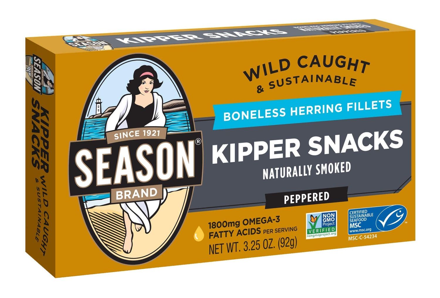 Season Peppered Kipper Snacks - Boneless Herring Fillets, Naturally Smoked, Wild Caught, Keto Snacks, Non-GMO, Certified Sustainable Seafood, 18g of Protein, 1800mg of Omega-3-3.25 Oz, 6-Pack