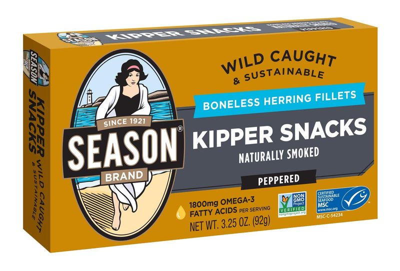 Season Peppered Kipper Snacks - Boneless Herring Fillets, Naturally Smoked, Wild Caught, Keto Snacks, Non-GMO, Certified Sustainable Seafood, 18g of Protein, 1800mg of Omega-3-3.25 Oz, 6-Pack