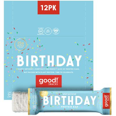 good! Snacks Vegan Birthday Cake Protein Bar  Gluten-Free, Plant Based, Low Sugar, Kosher, Soy Free, Non GMO  15g Protein (12 Bars)