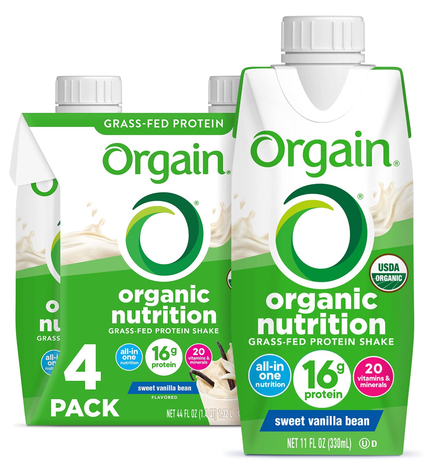 Orgain Organic Nutritional Protein Shake, Vanilla Bean - 16g Grass Fed Whey Protein, Meal Replacement, 20 Vitamins &amp; Minerals, Fruits &amp; Vegetables, Gluten Free, Non-GMO, 11 Fl Oz (4 Pack)