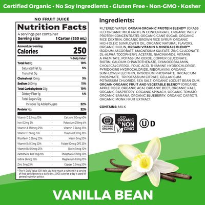 Orgain Organic Nutritional Protein Shake, Vanilla Bean - 16g Grass Fed Whey Protein, Meal Replacement, 20 Vitamins &amp; Minerals, Fruits &amp; Vegetables, Gluten Free, Non-GMO, 11 Fl Oz (4 Pack)