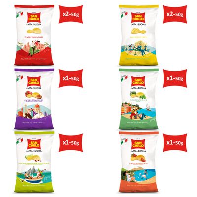 San Carlo Variety Pack 8X 50g Multi Flavours n1 Italian Potato Chips - Classic, Wavy, Paprika, Pesto, Lime and Pink Pepper, Tomato