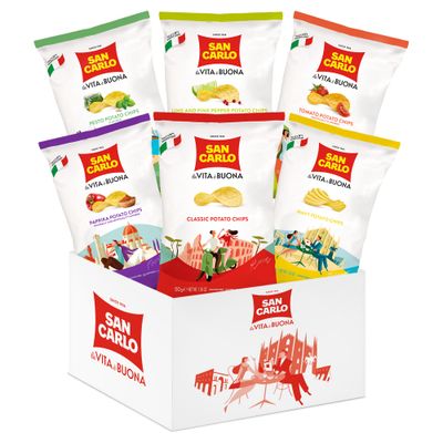 San Carlo Variety Pack 8X 50g Multi Flavours n1 Italian Potato Chips - Classic, Wavy, Paprika, Pesto, Lime and Pink Pepper, Tomato