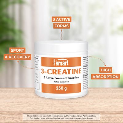 Supersmart - 3-Creatine Powder (High Strength) - Creatine Complex - with Creatine Monohydrate, Phosphate, Pyruvate - Sport Performance &amp; Recovery  Non-GMO &amp; Gluten Free - 250 g
