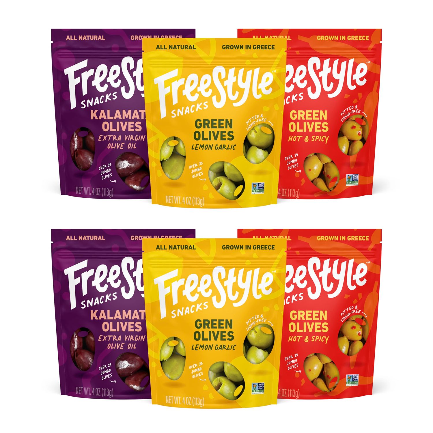 Freestyle Snacks Olive Snack Packs - Fresh Pitted Kalamata &amp; Green Olives, Jumbo-Sized, Grown in Greece, Salty Snack, All Natural, Non-GMO, Paleo, Sugar-Free, Keto Snacks - Variety Pack, 4oz (6 Pack)