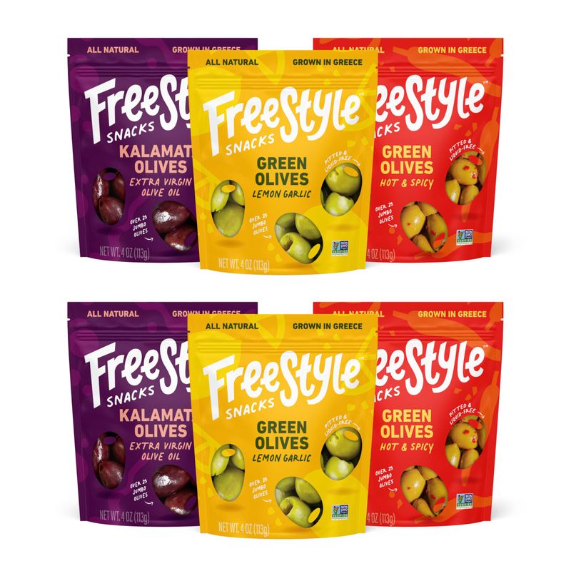 Freestyle Snacks Olive Snack Packs - Fresh Pitted Kalamata &amp; Green Olives, Jumbo-Sized, Grown in Greece, Salty Snack, All Natural, Non-GMO, Paleo, Sugar-Free, Keto Snacks - Variety Pack, 4oz (6 Pack)