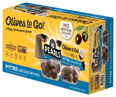 Pearls Olives To Go! Large Ripe Pitted Olives, Pack of 16, 1.2 oz Cups