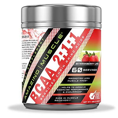 Amazing Muscle BCAA 2:1:1 Branched Chain Amino Acids Supplement  6000 Mg Per Serving  Strawberry Lime Flavor  60 Servings Per Bottle